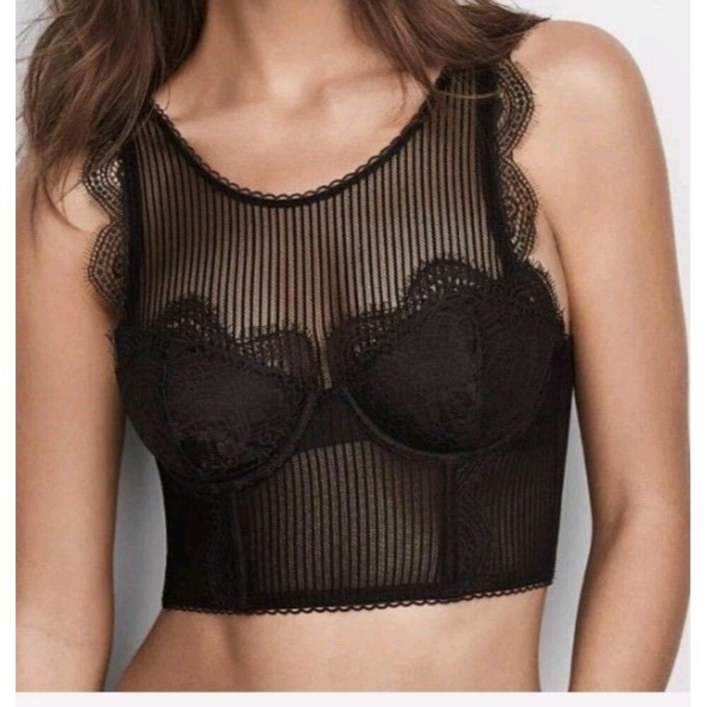 Victoria's Secret Corset Bra Top Size 34D Black Scalloped Lace Dark Romantic
